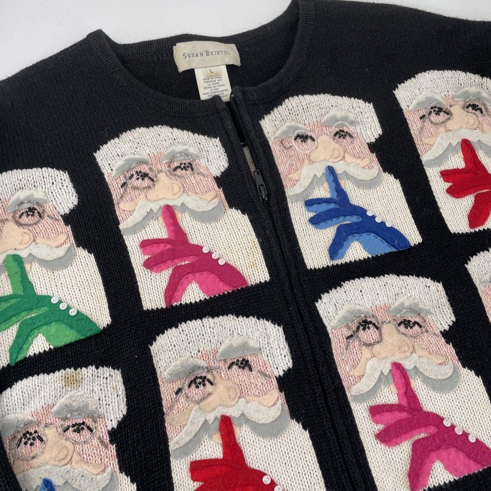 Susan Bristol Santa Claus Faces Christmas Sweater Womens Large Sshhhh Quiet Vtg